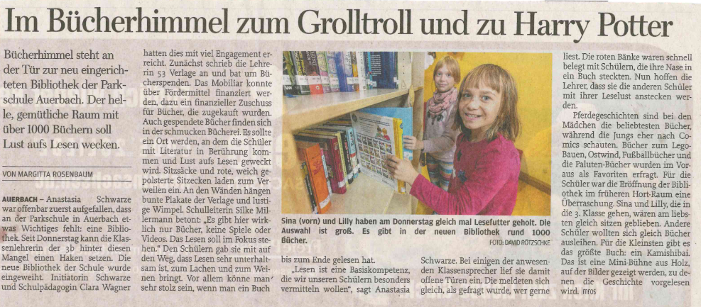 Bild vergrößern: Zeitungsbericht über die Eröffnung der Bibliothek in der Parkschule Auerbach