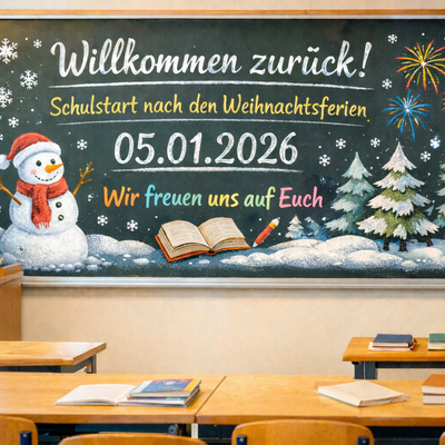 Bild vergr&ouml;&szlig;ern: Eine Schultafel mit gr&uuml;&szlig;en f&uuml;rs neue Jahr in winterlichem Ambiente