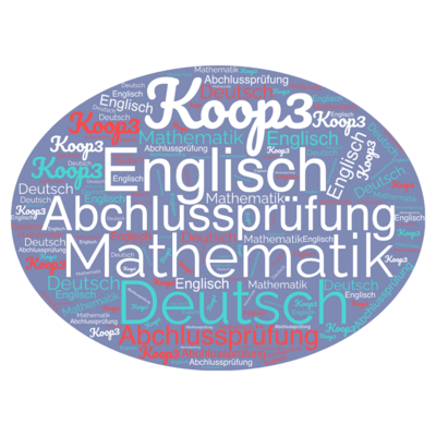 Bild vergr&ouml;&szlig;ern: Die W&ouml;rter Mathematik, Deutsch, Englisch, Koop3 und Abschlusspr&uuml;fung in einer Wortwolke